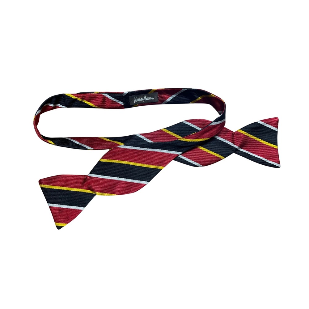 Neiman Marcus Mens Burgundy Navy Yellow Repp Stripe Self-Tie Bow Tie Adjustable - Picture 2 of 3